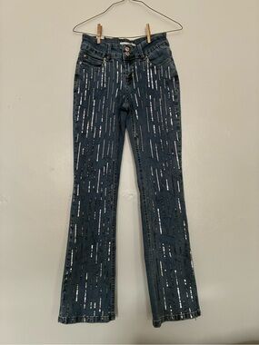 Almost Famous blue denim jeans with silver vertical sequin stripes